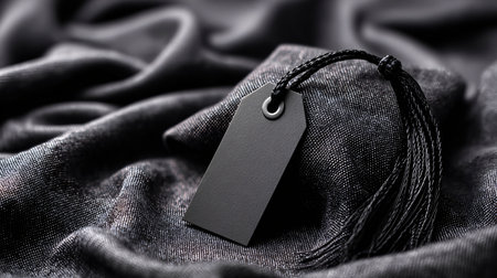 Black tag mockup placed on textured dark fabric backgroundの素材
