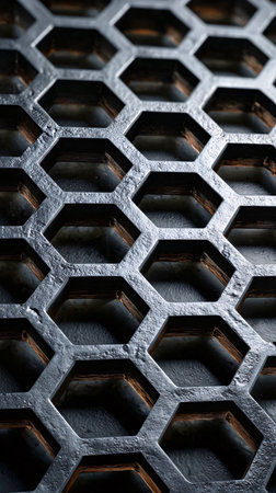Hexagon patterned dark grey metal grate showing detailed textured surfaceの素材