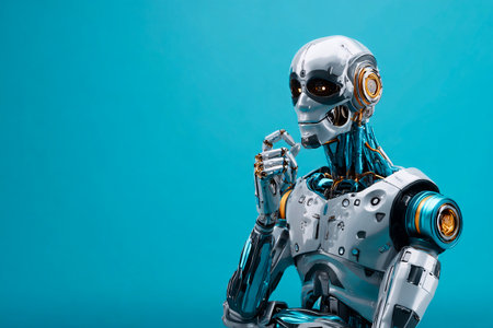 Robot tells jokes to confused humans, blending humor, AI and vibrant futuristic styleの素材