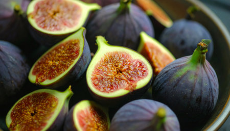 Rustic style fresh figs sliced open, autumn fruit showing detailed interior textureの素材