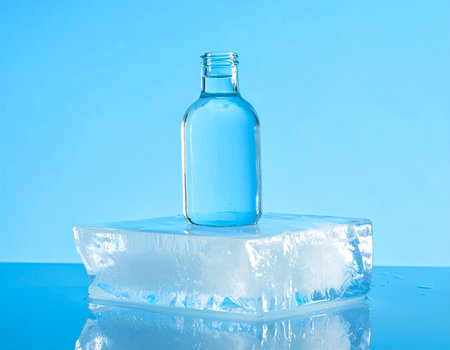 Premium beverage showcase with crystal clear glass bottle on frozen ice slabの素材