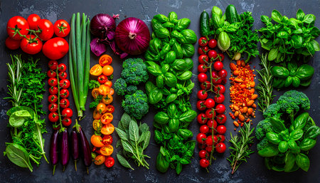The image features an assortment of fresh vegetables arranged in a neat, linear fashion on a dark surface. The vegetables include bright red tomatoes, purple eggplants, yellow cherry tomatoes, green broccoli florets, fresh basil and other leafy greens, red onions, cherry tomatoes on the vine, orange lentils, and sprigs of rosemaryの素材