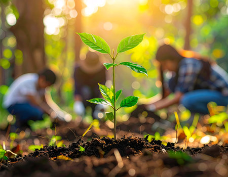 A young plant with bright green leaves is growing from the soil, prominently positioned in the foreground. In the background, a group of people can be seen working together in a naturalの素材
