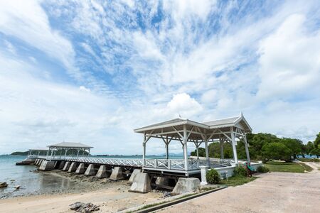 Wooden waterfront pavilion, at Koh si chang island in Thailandの写真素材