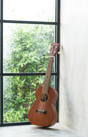 Ukulele instruments Located at window.のeditorial素材