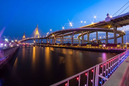 Sunset at Bhumibol 2 Bridge cross overpass Chao Phraya River ,Bangkok ,Thailandの写真素材