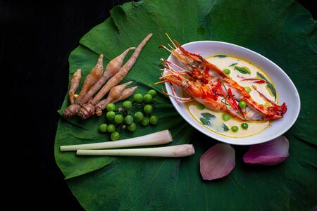 op view of Thai food and ingredient on lotus leaf.の写真素材