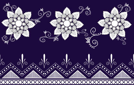 Ethnic abstract ikat art. Seamless pattern in tribal.Wicker like ethnic seamless pattern. Traditional designs for background, wallpaper, paper, packaging, fabric, clothing, gift wrapping, carpet, tile, decoration, vector illustration, embroidery style, textile, White Thai pattern flowers on a blue background.のイラスト素材
