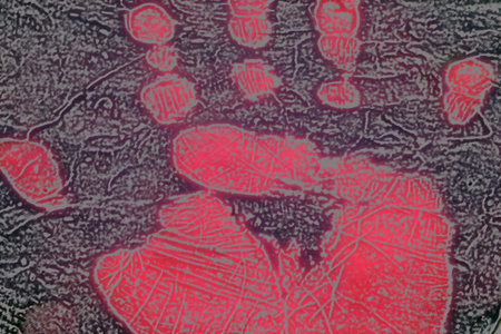 Handprint outline in coloured chalks の写真素材