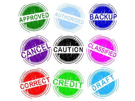 9 Grunge effect Office Stamps with various office words i a grunge splattered text. (Letters have been uniquely designed and created by hand)のイラスト素材