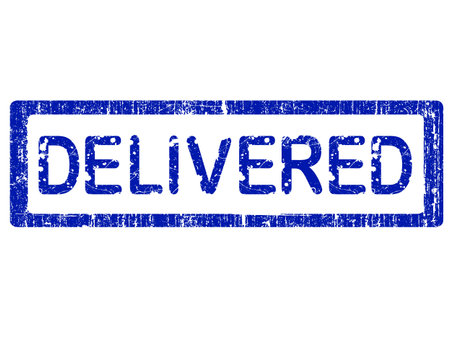 Grunge Office Stamp with the words DELIVERED in a grunge splattered text. (Letters have been uniquely designed and created by hand)のイラスト素材