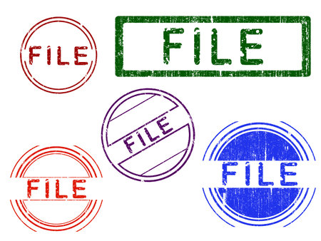 5 Grunge effect Office Stamp with the word FILE in a grunge splattered text. (Letters have been uniquely designed and created by hand)のイラスト素材