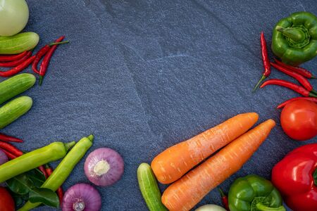 Asian food such as Thai red curry top view with copy space.Vegetables and ingredient are around in...