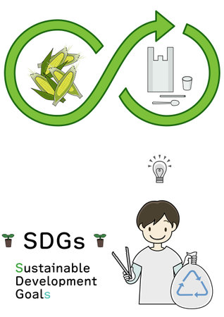 A boy thinking about recycling plastics and aluminum (an easy-to-understand image of the SDGs' efforts)のイラスト素材