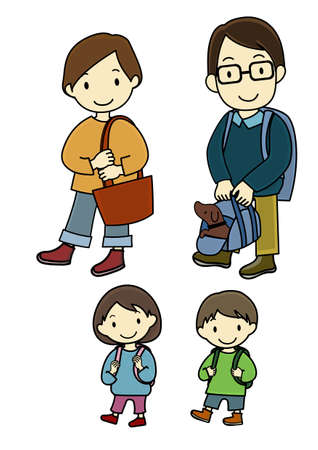 Illustration set of family and pets going out with a smileのイラスト素材