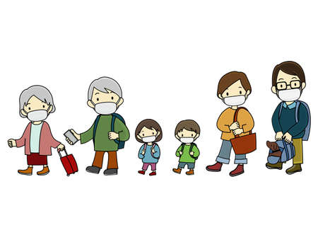 Illustration set of family going out with a maskのイラスト素材