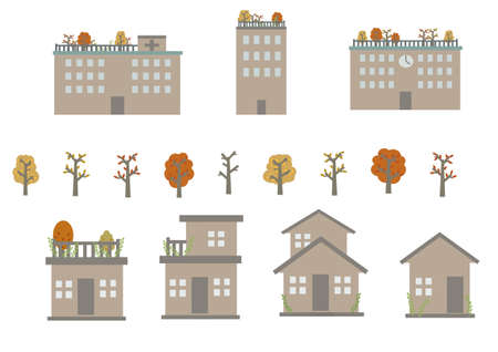 Illustration set of green-conscious buildings and trees such as rooftop gardeningのイラスト素材