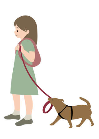 Illustration material: A girl walking with a backpack and a dog holding a flying plateのイラスト素材
