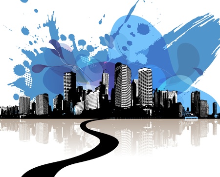 City skyscrapers with abstract blue clouds.のイラスト素材