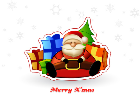 Sitting Santa with presents and Christmas tree behind him.のイラスト素材