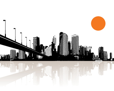 Black and white cityscape with water reflection and bridge.のイラスト素材