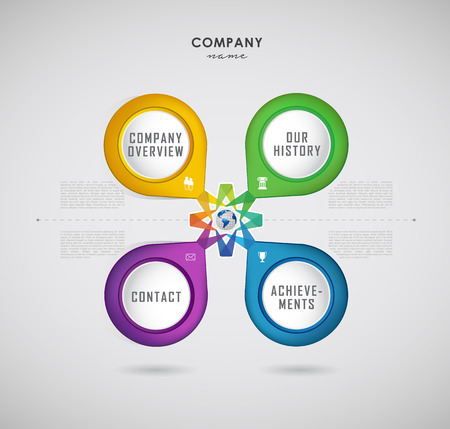 Company infographic overview design template with four colorful labels and icons.のイラスト素材