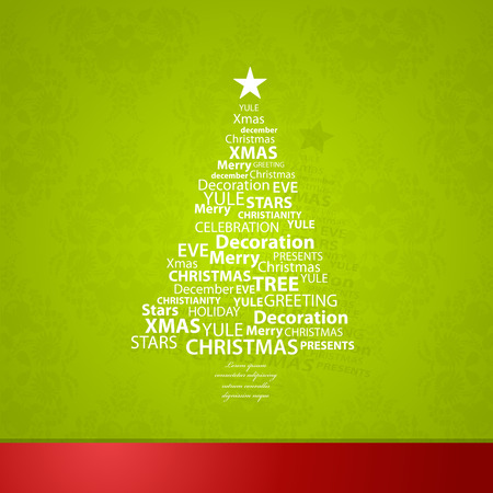 Christmas tree created of Christmas related words and shadow behind it.のイラスト素材