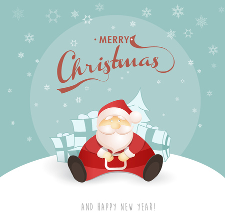 Merry Christmas and Happy New Year greeting card with Santa sitting on a hill. Vector illustration.のイラスト素材