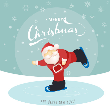 Merry Christmas and Happy New Year greeting card with ice skating Santa on lake.のイラスト素材