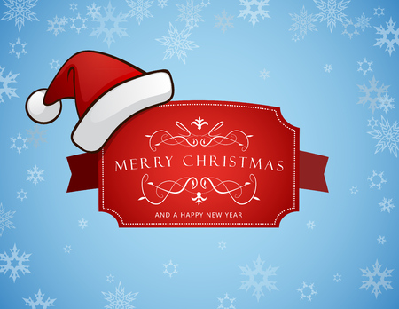 Red Christmas label with Merry Christmas and Happy New Year text. Christmas hat sits on left side.のイラスト素材