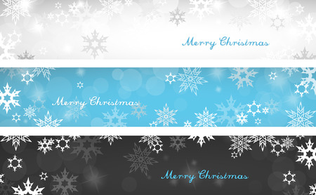 Set of three colorful Christmas background banners with snowflakes and simple Merry Christmas text - horizontal versionのイラスト素材