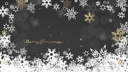 Christmas dark background with golden and white snowflakes and Merry Christmas text - dark versionのイラスト素材