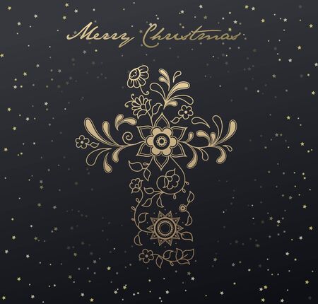 Christmas dark background with golden floral Christianity cross and stars.のイラスト素材