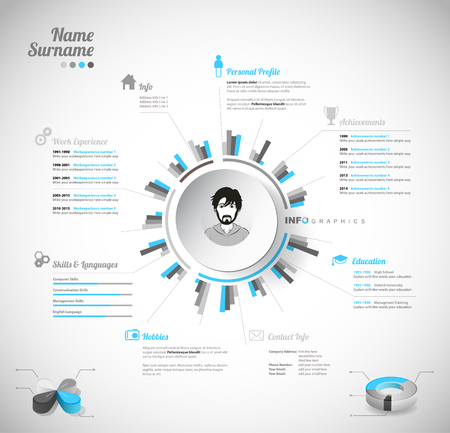Creative, color rich CV / resume template with circle in the center and place for your personal photo.のイラスト素材
