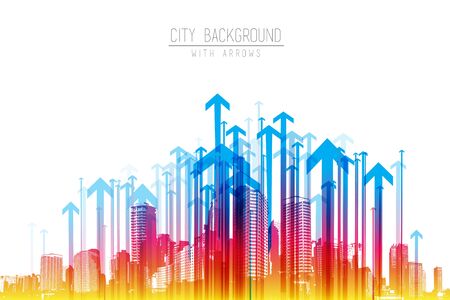 Cityscape with skyscrapers and colorful arrow pattern.のイラスト素材