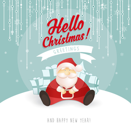 Merry Christmas and Happy New Year greeting card with Santa sitting on a hill. Vector illustration.のイラスト素材