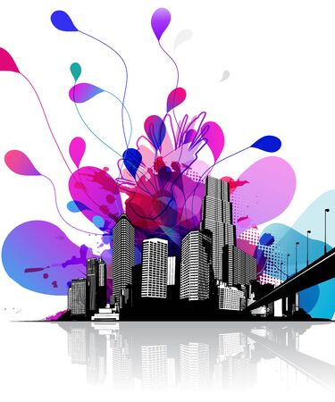 Abstract sky illustration with cityscape and bridge on the right.のイラスト素材