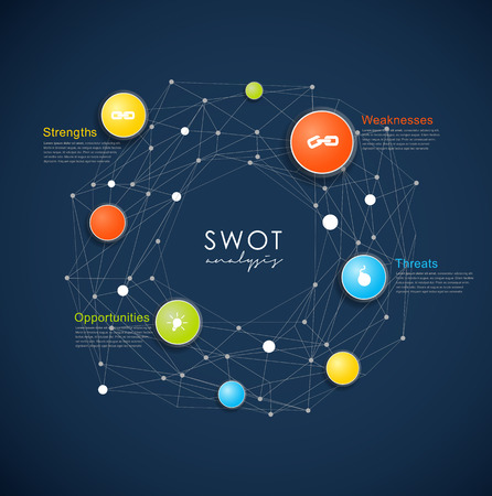 SWOT - (Strengths Weaknesses Opportunities Threats) business strategy mind map concept for presentations. Template with blue circles and dots - dark version.のイラスト素材