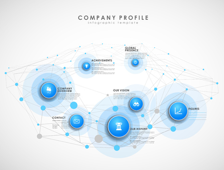 Company profile overview template with blue circles and dots - light version.のイラスト素材