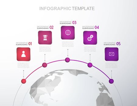 Infographic template with five stripes and icons line up beside polygonal map - light version.のイラスト素材