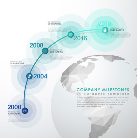 Infographic startup milestones timeline vector template with polygonal world map.のイラスト素材