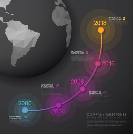 Infographic startup milestones timeline vector template with polygonal world map - dark version.のイラスト素材