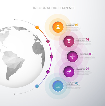 Infographic template with five circles and icons line up beside polygonal map - light version.のイラスト素材