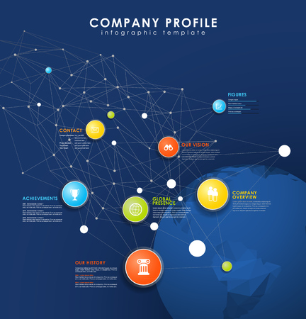Company profile overview template with colorful circles, dots and polygonal globe on blue background- dark version.のイラスト素材