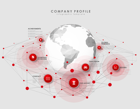 Company profile overview template with red circles, dots and polygonal globe - light version.のイラスト素材