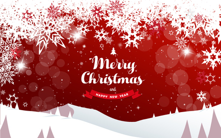 Winter mountain landscape scenery, Merry Christmas text with pine trees and stars.のイラスト素材