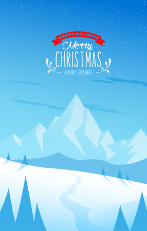 Winter mountain landscape scenery and Merry Christmas text with pine trees and stars.のイラスト素材