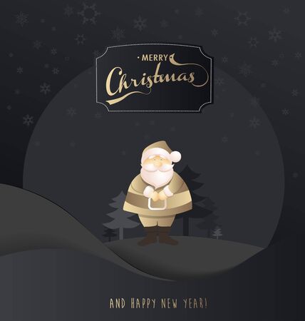 Merry Christmas and Happy New Year greeting card with Santa standing on a hill. Vector illustration. のイラスト素材