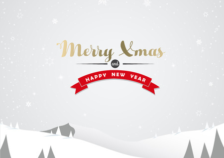 Winter mountain landscape scenery and Merry Xmas text with pine trees and stars.のイラスト素材