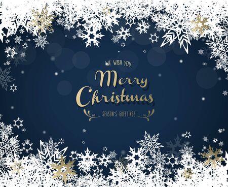 'Merry Christmas' with lots of snowflakes on blue background - horizontal versionのイラスト素材